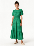 Green broderie anglaise tiered maxi dress with belt