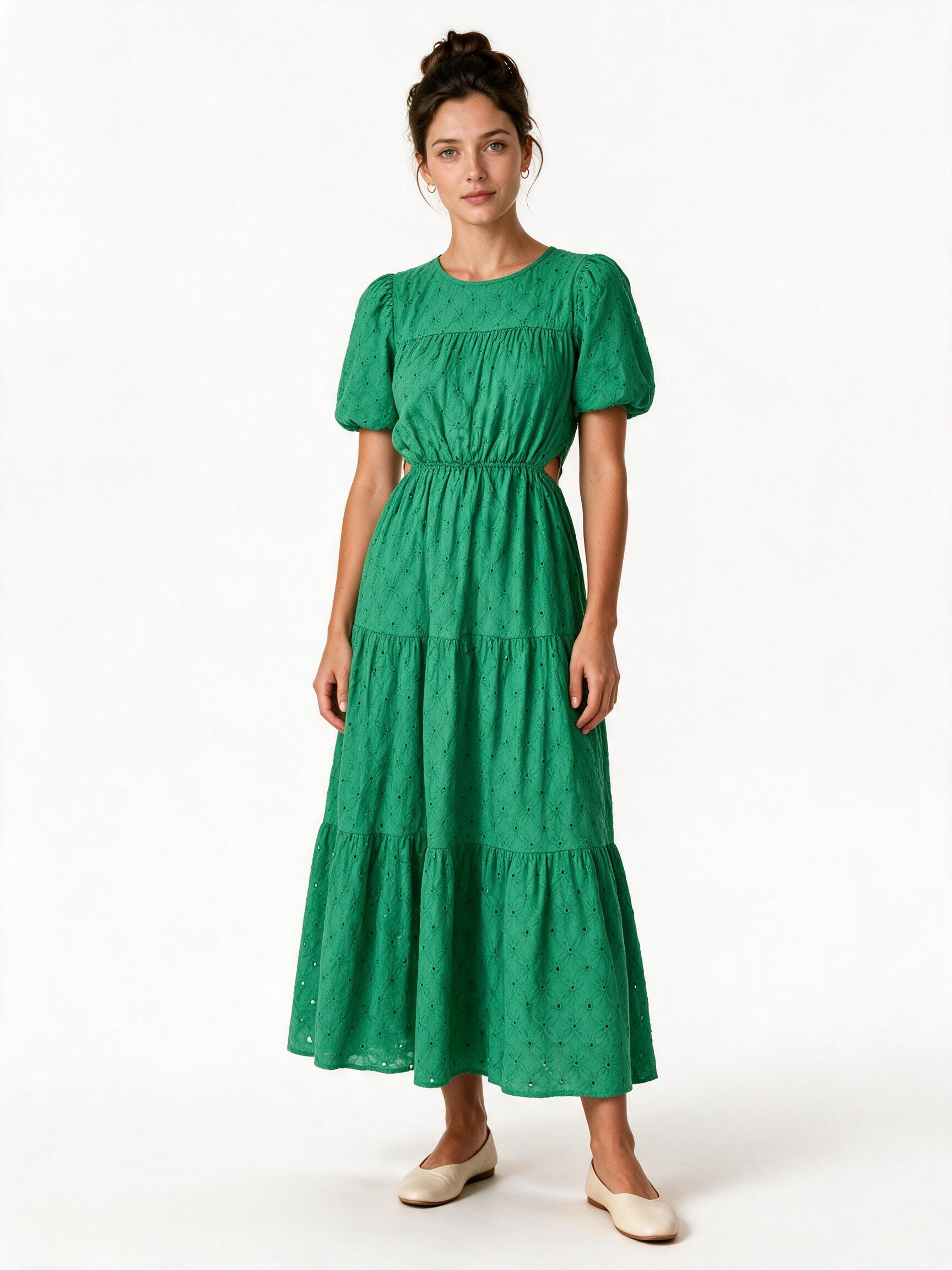 Green broderie anglaise tiered maxi dress with belt