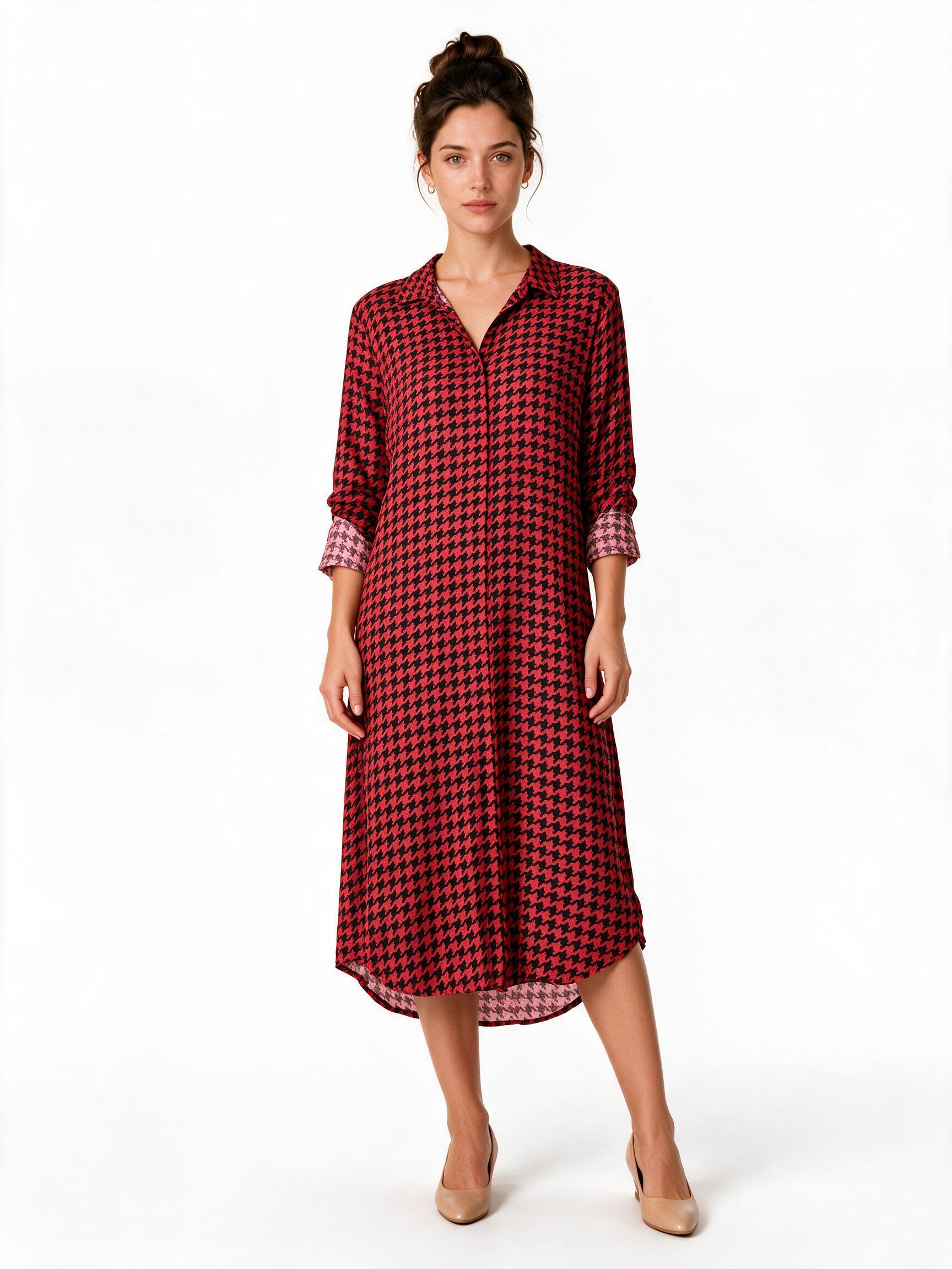 Red and black houndstooth shirt dress