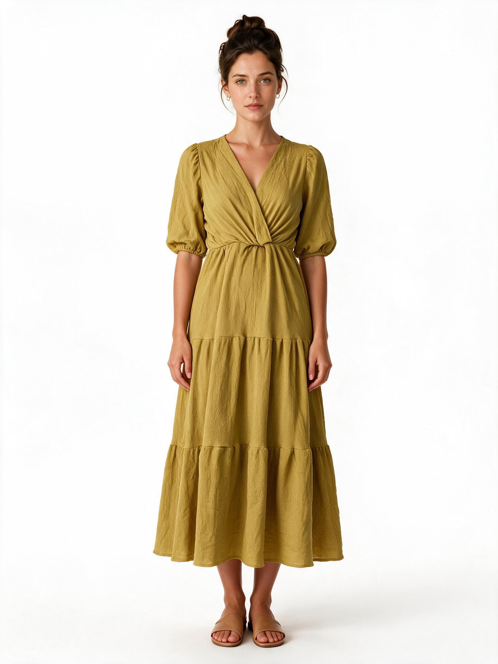 Mustard yellow tiered wrap maxi dress
