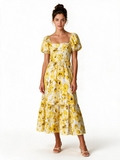 Yellow floral puff sleeve tiered midi dress