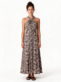 Navy and blush paisley print halter neck maxi dress