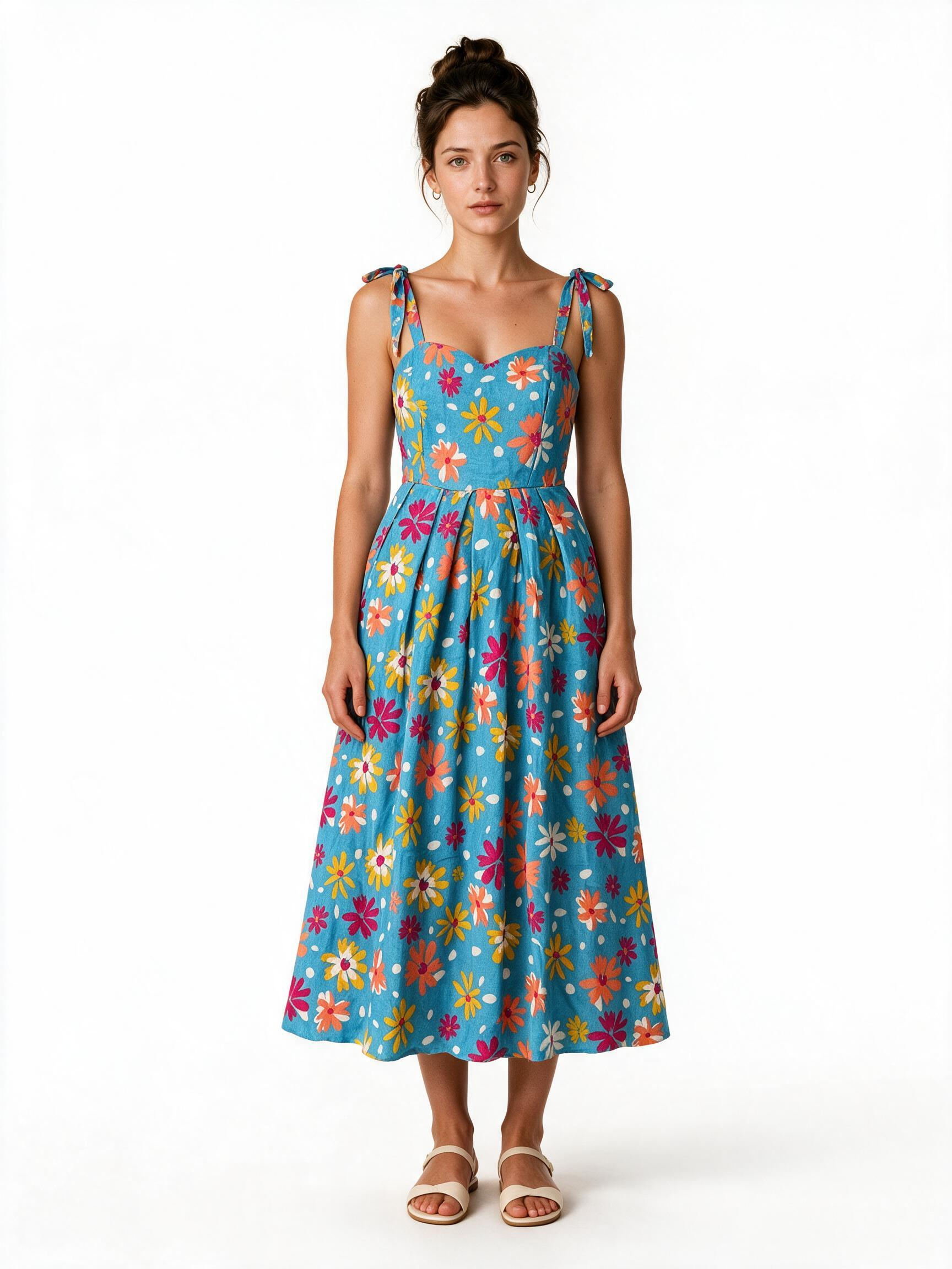 Turquoise multicolour daisy floral tie strap maxi dress