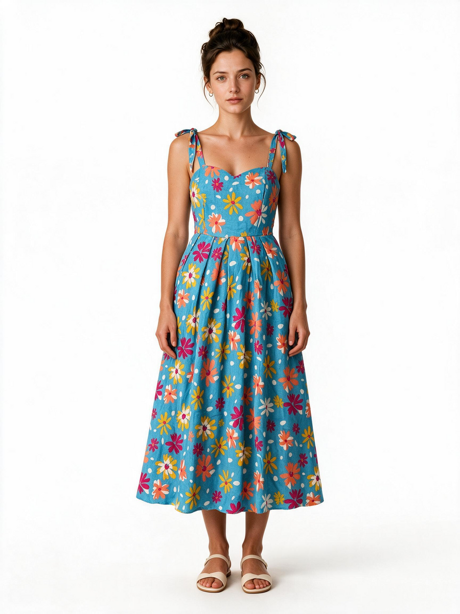 Turquoise multicolour daisy floral tie strap maxi dress