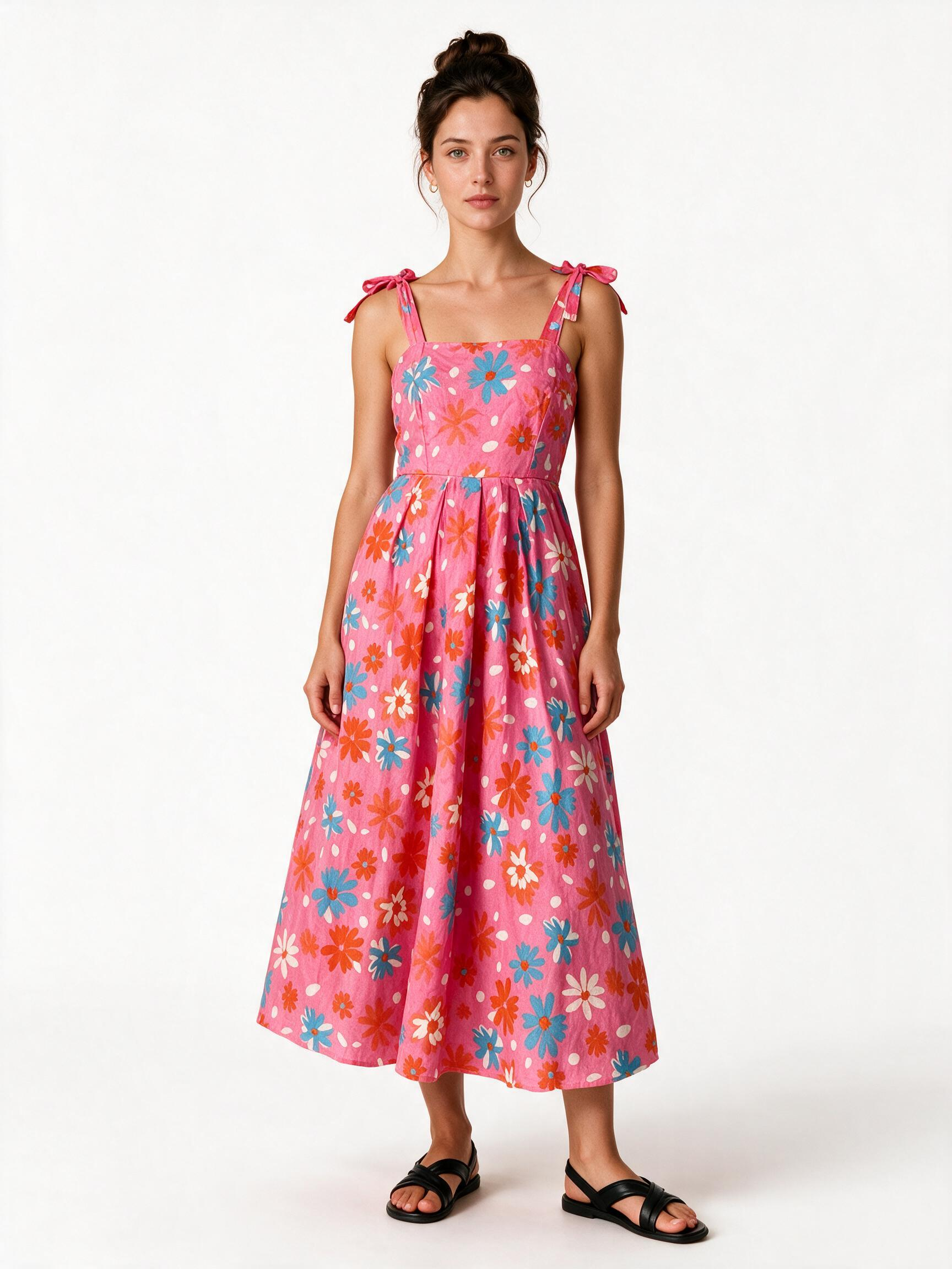 Pink multicolour daisy floral tie strap maxi dress