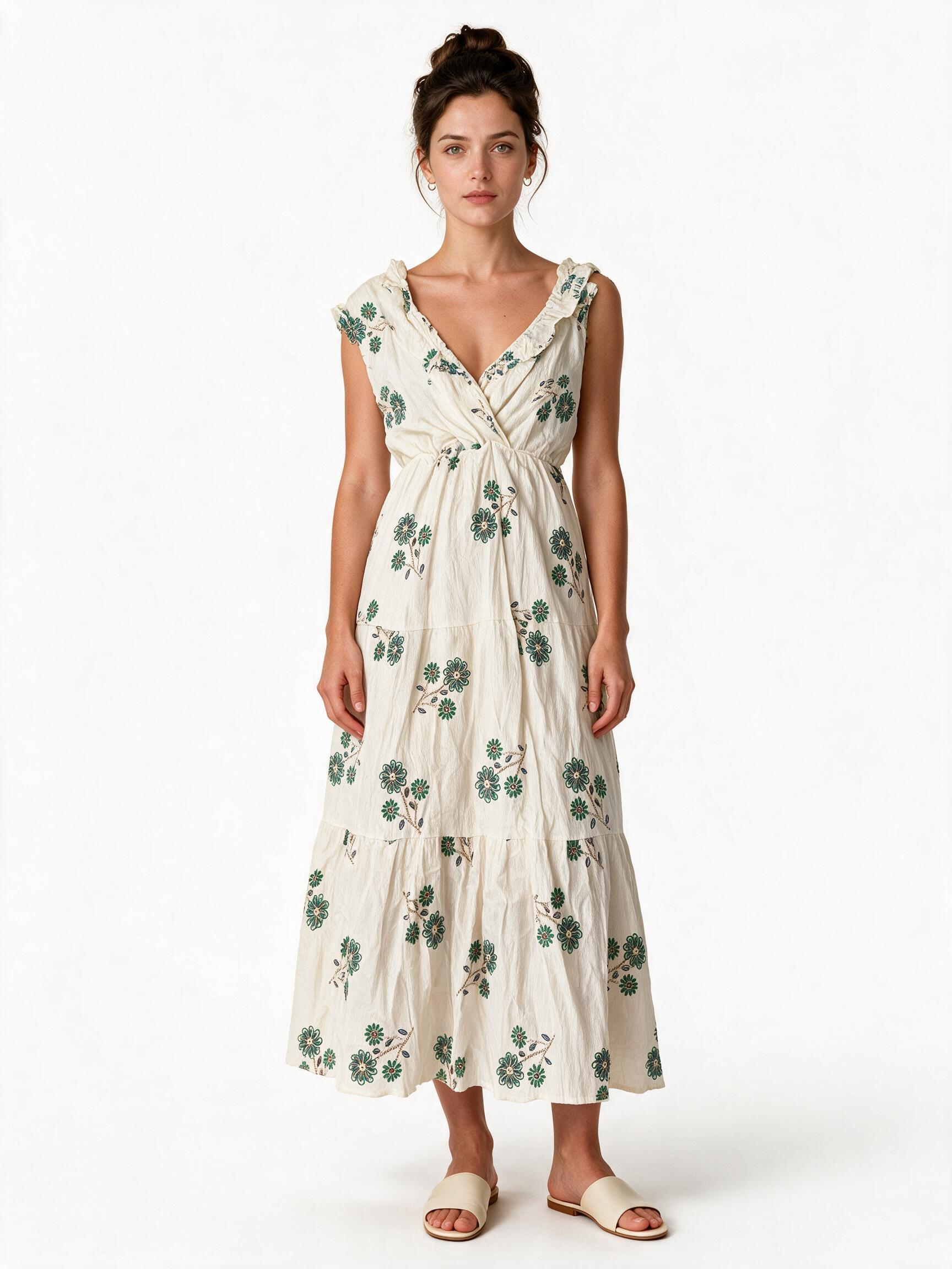 Cream floral embroidered tiered maxi dress