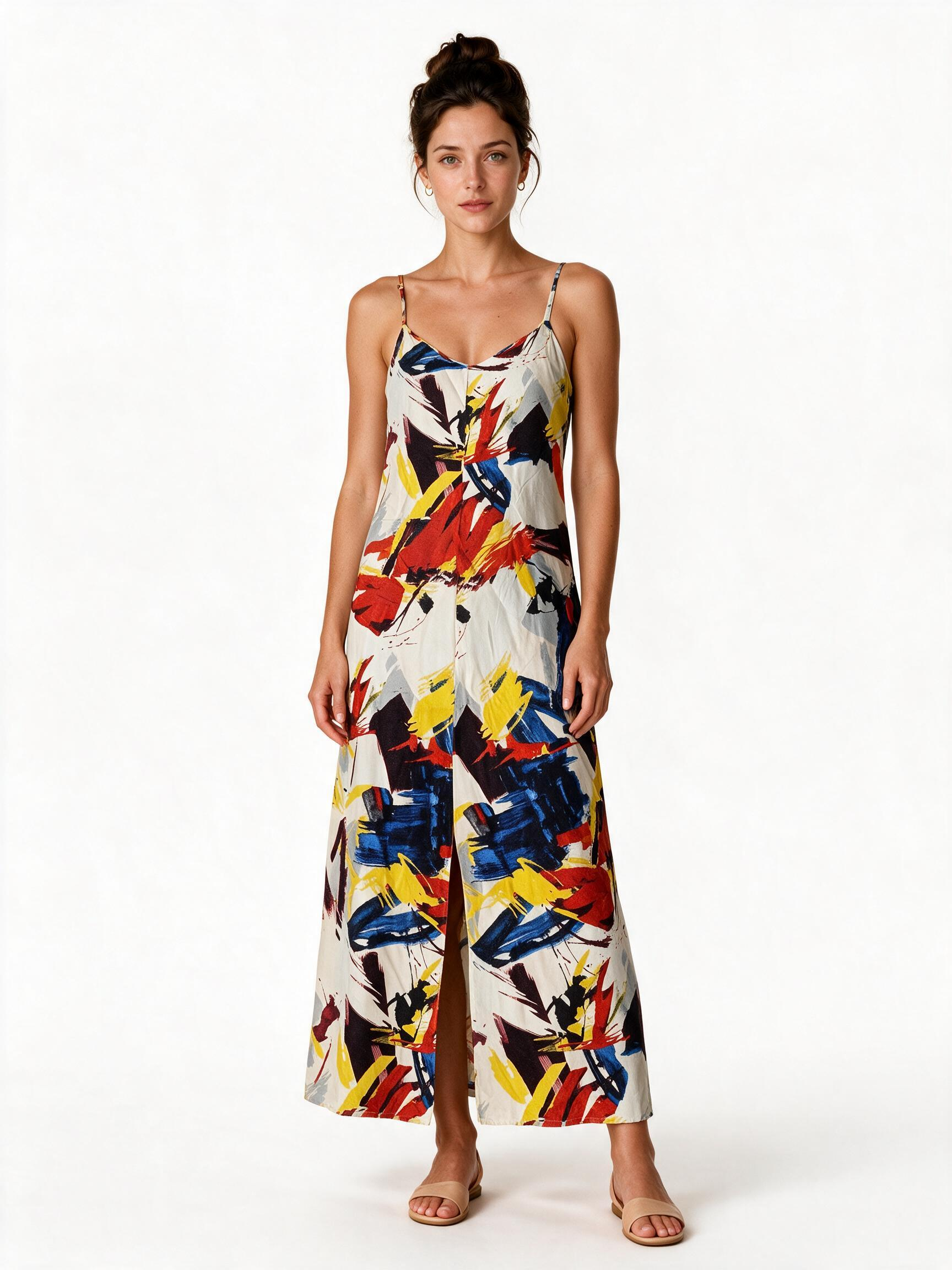 Multicolour abstract brushstroke print strappy maxi dress