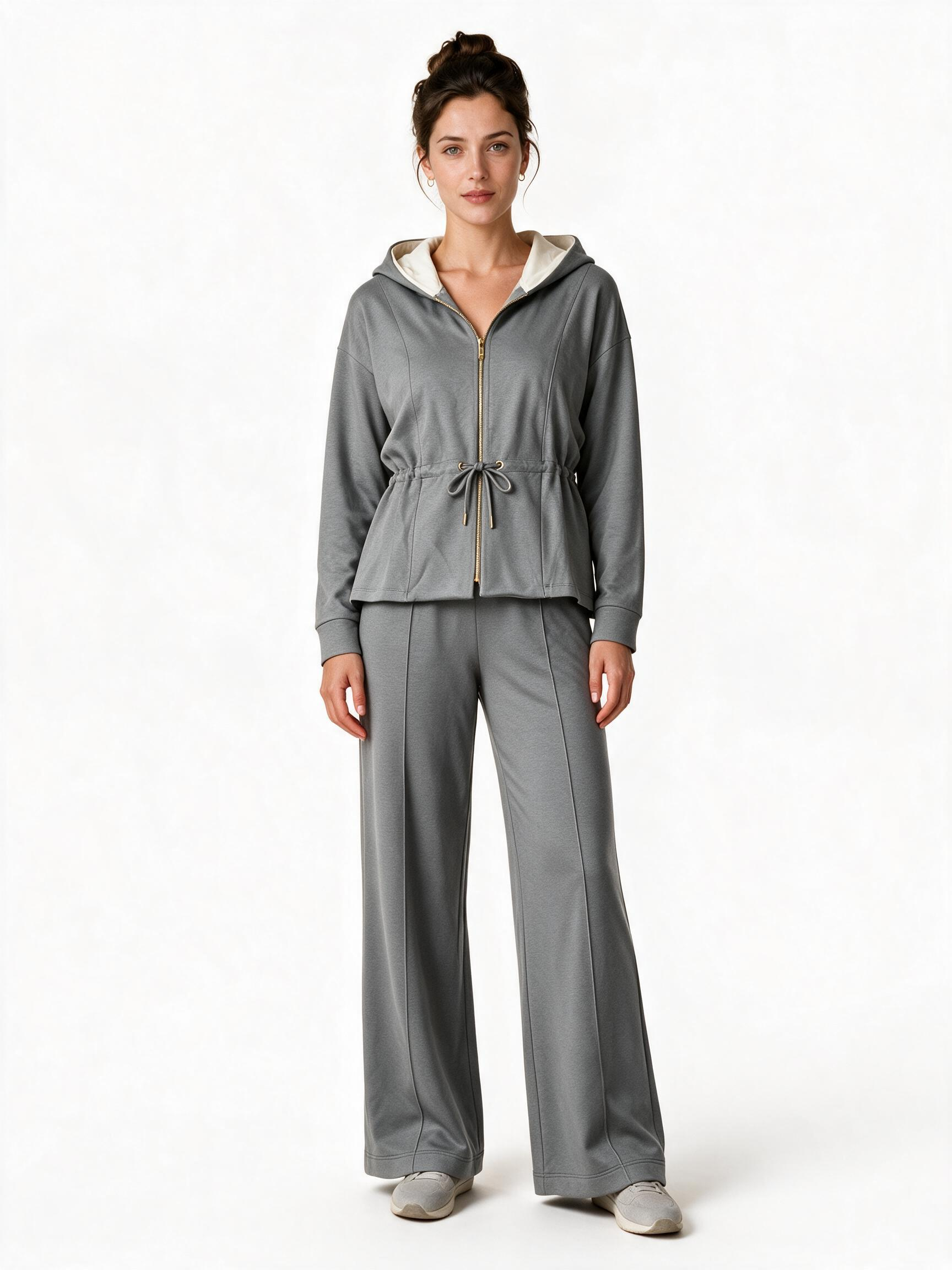 Grey hooded zip-up jacket and wide leg trouser lounge set