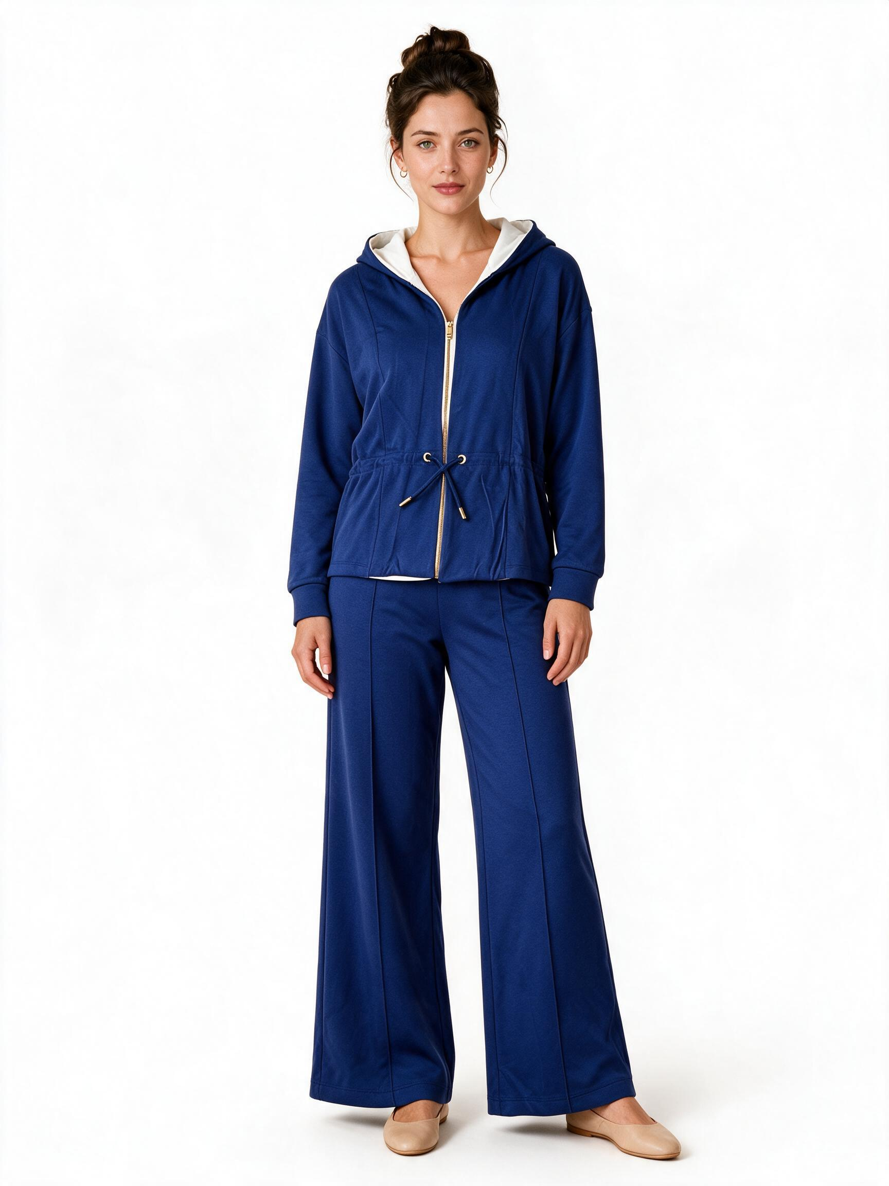 Navy hooded zip-up jacket and wide leg trouser lounge set