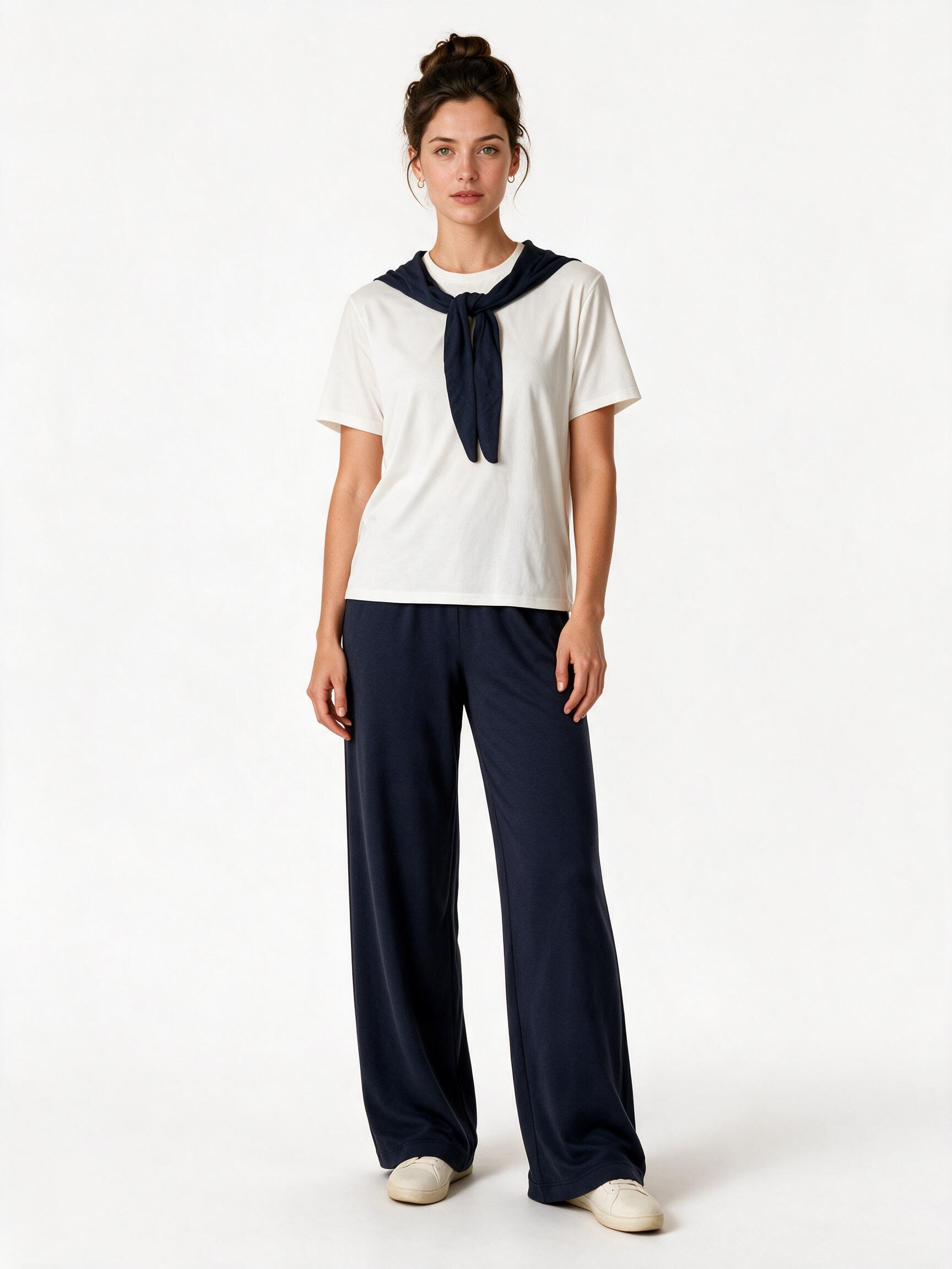 White sailor collar tee and navy wide leg trouser set