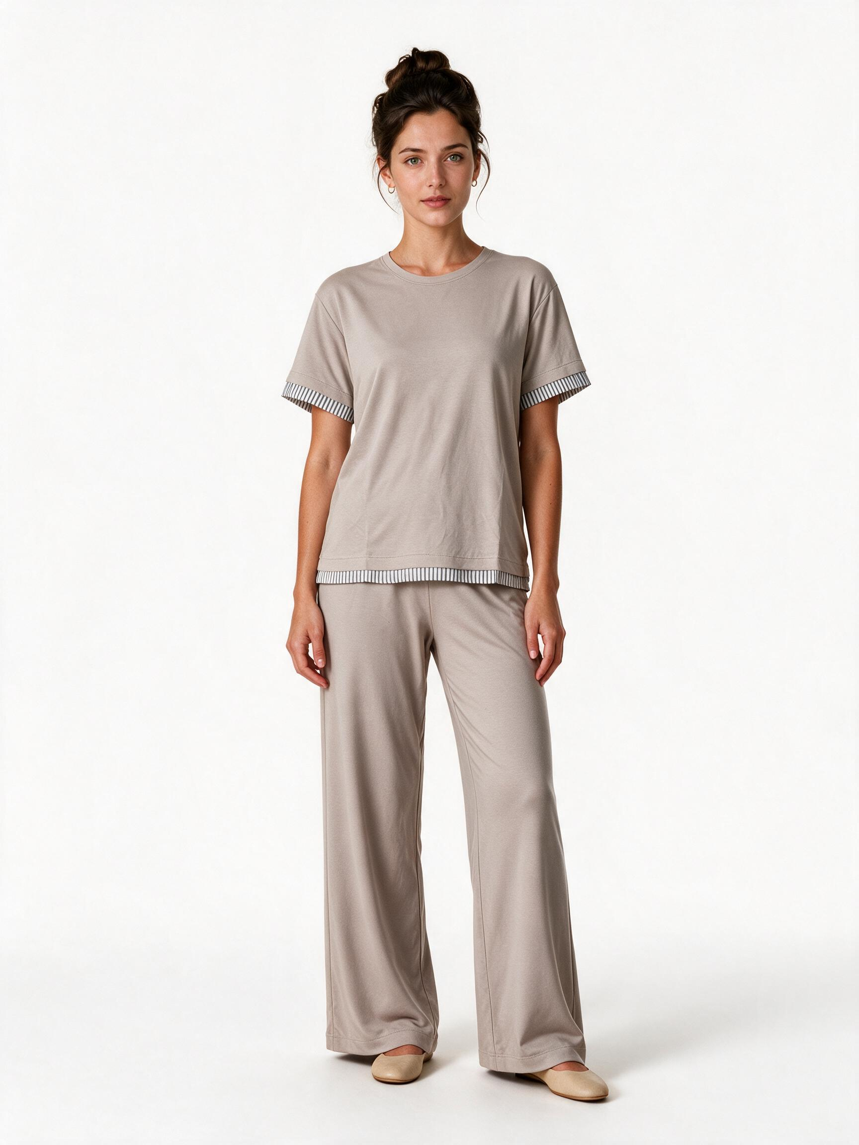 Beige short sleeve tee and wide leg trouser lounge set