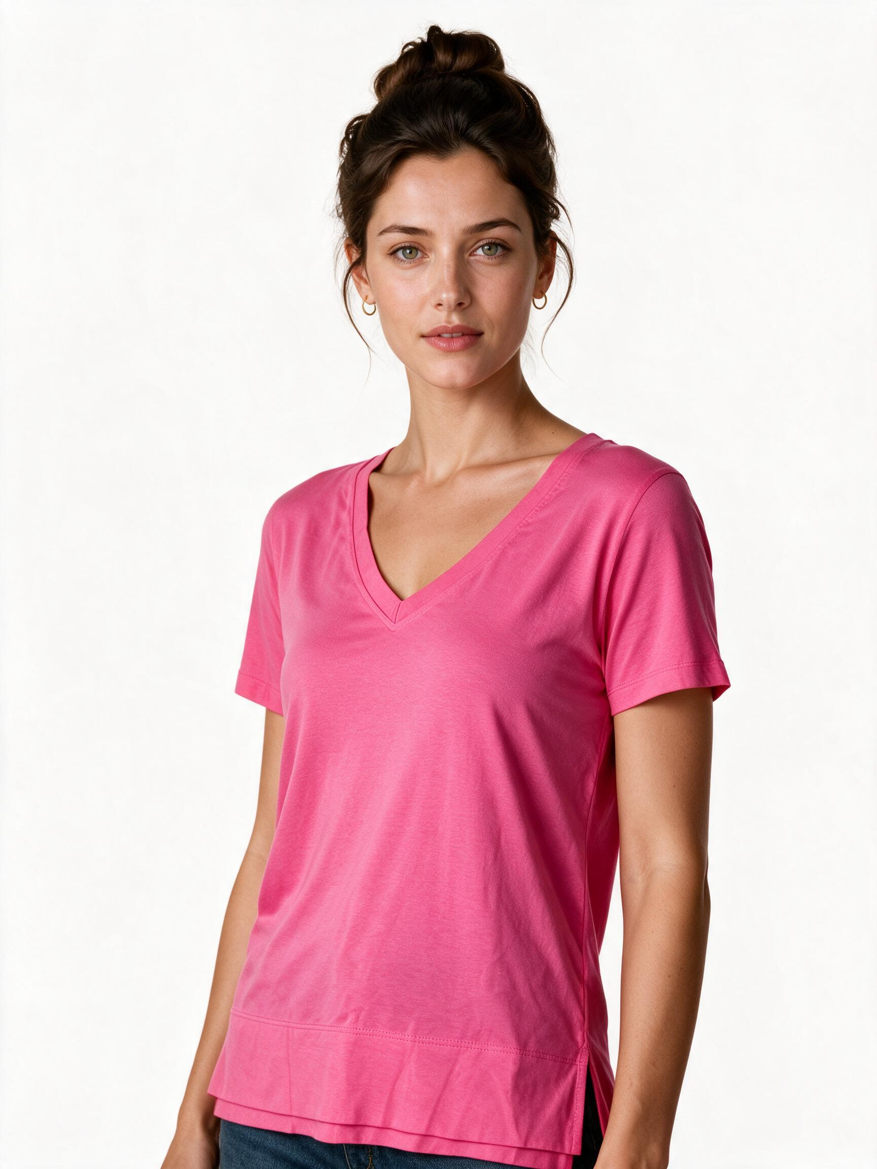 Hot pink V-neck cotton t-shirt