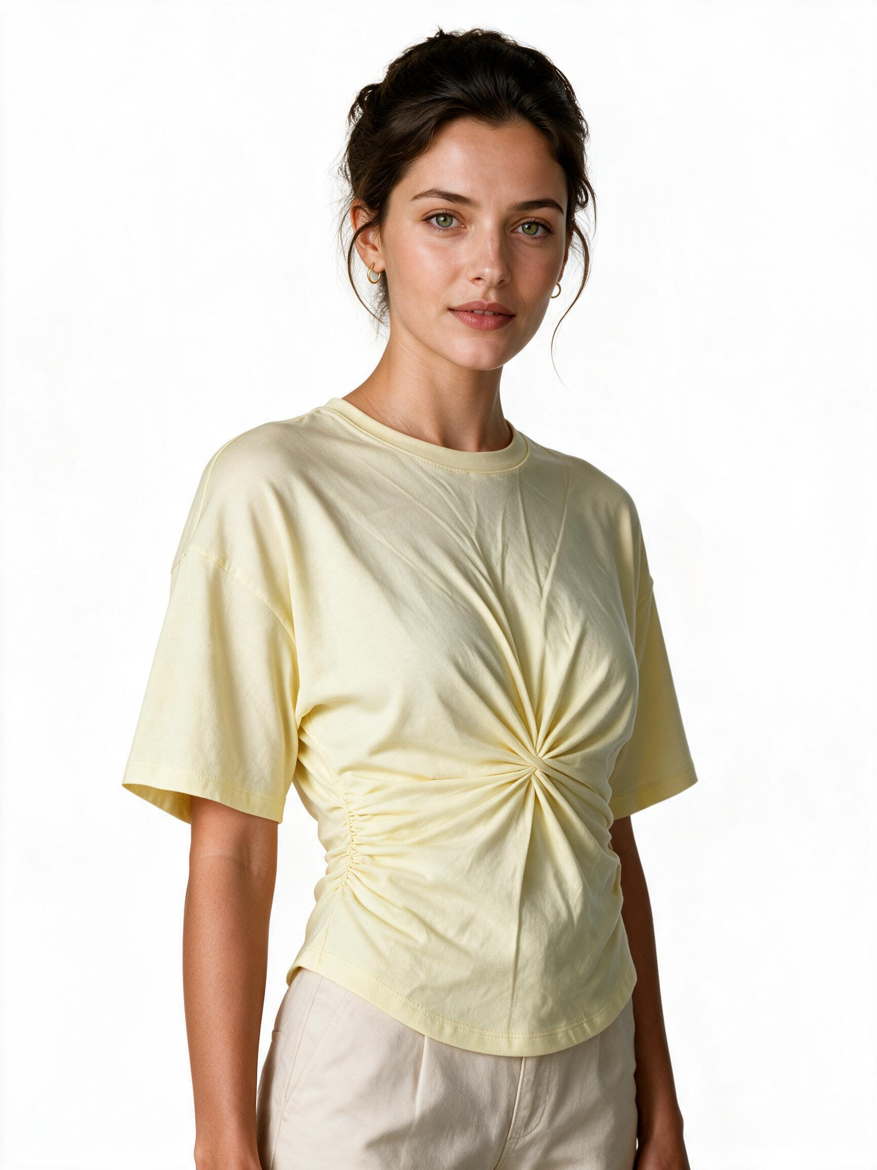 Pale yellow ruched front batwing top