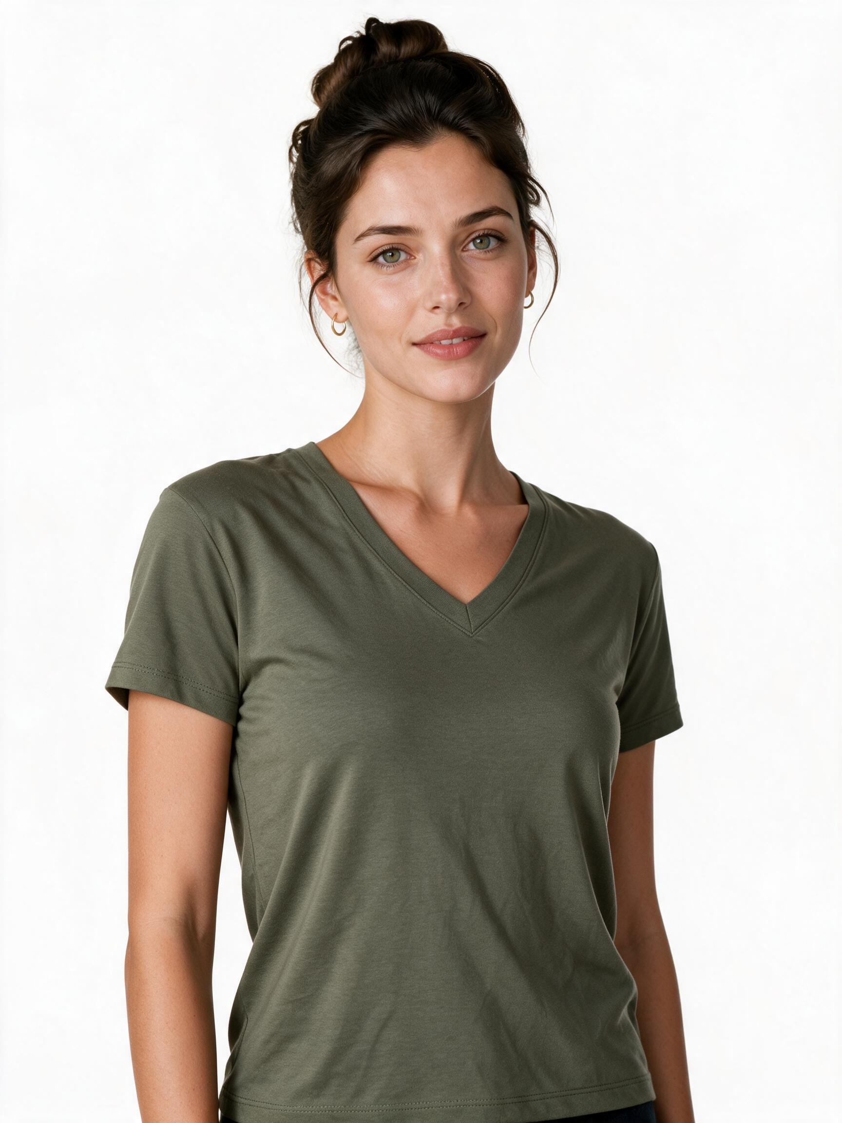 Khaki green V-neck cotton t-shirt