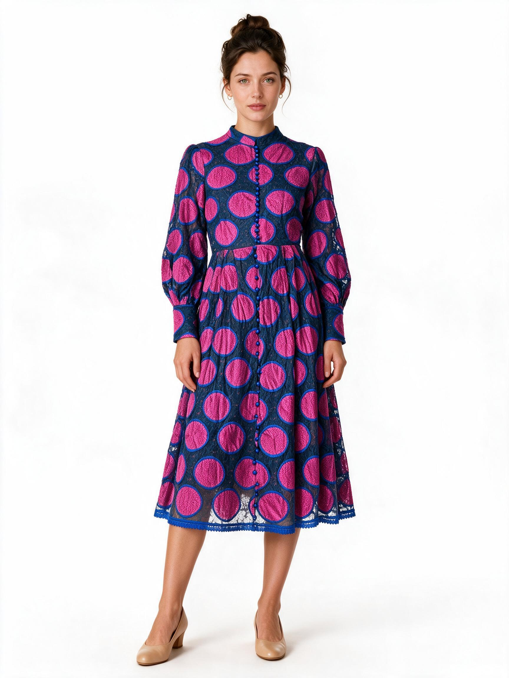 Pink and blue polka dot long sleeve midi dress