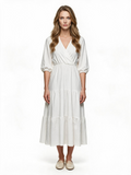 White tiered wrap midi dress with balloon sleeves