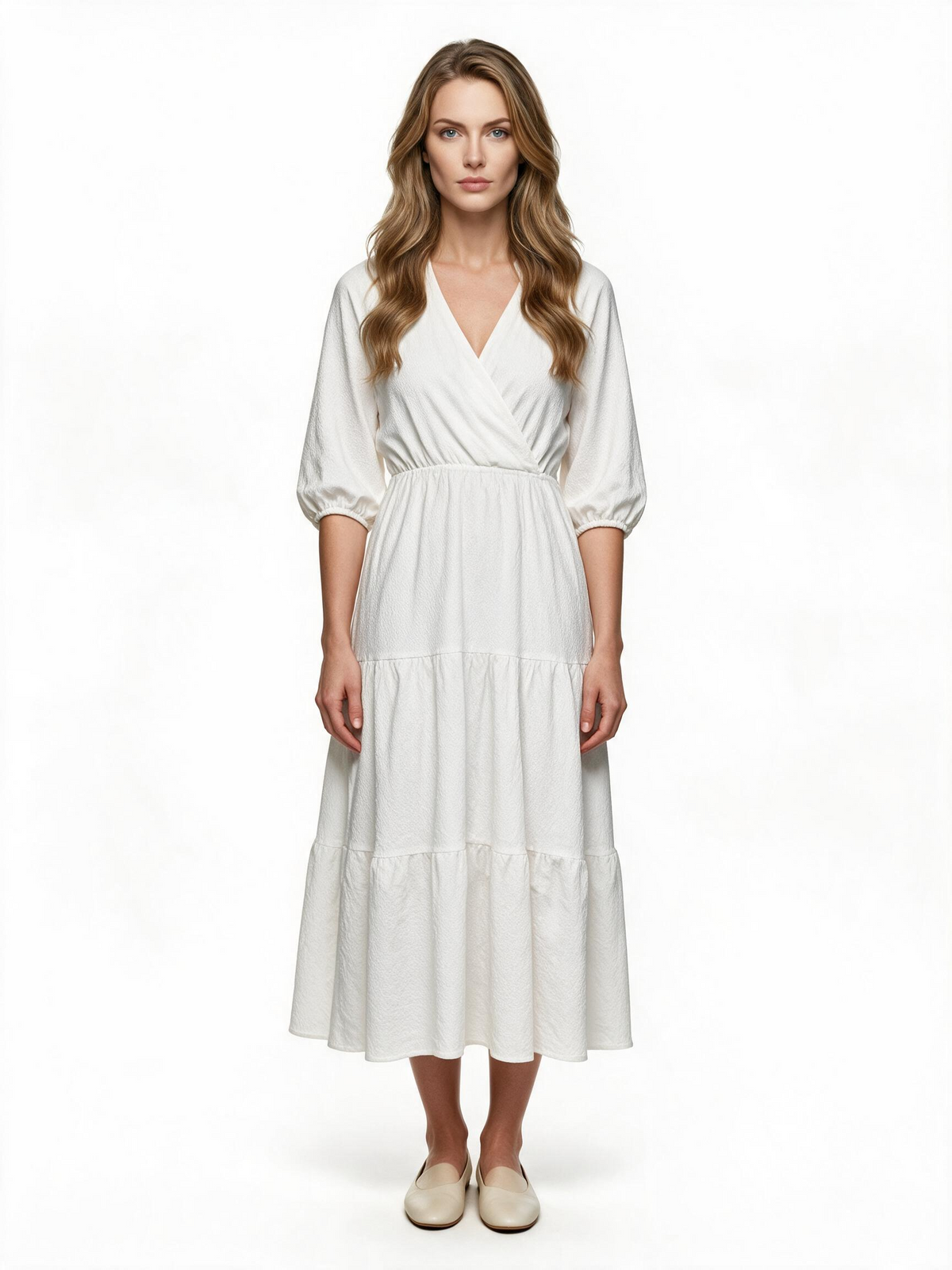 White tiered wrap midi dress with balloon sleeves