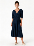 Navy ribbed tiered wrap midi dress with puff sleeves