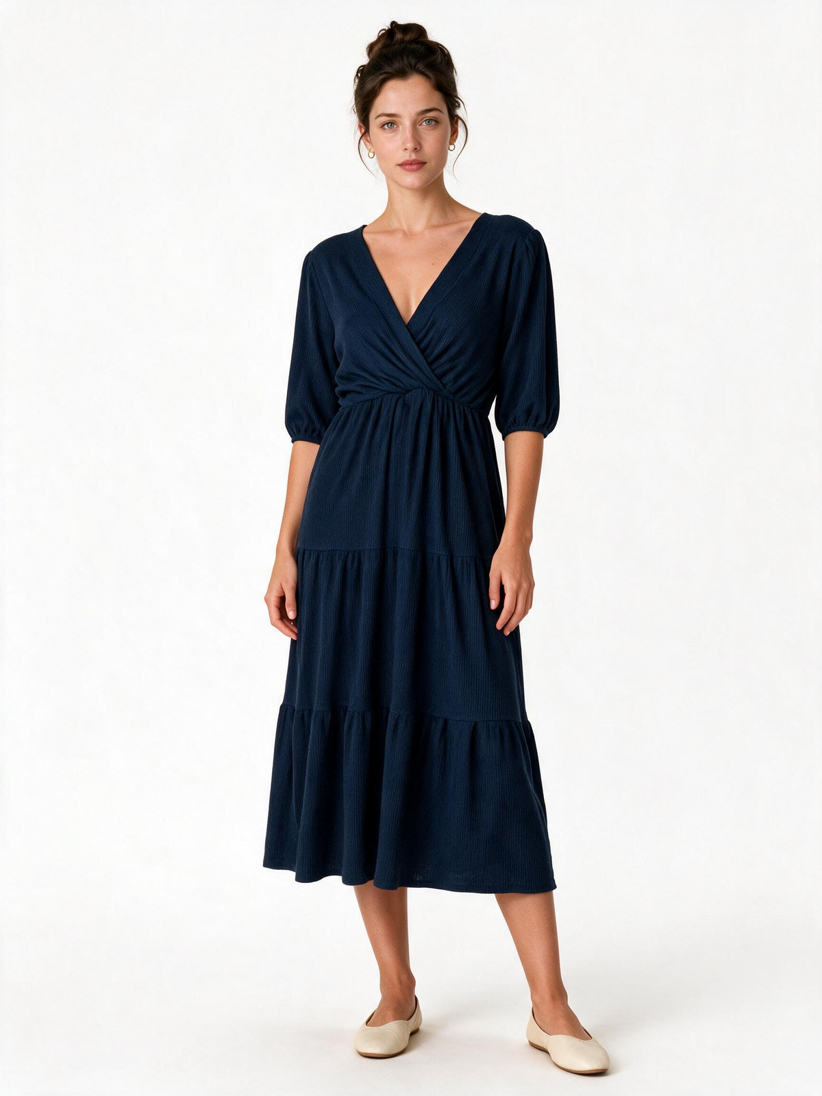 Navy ribbed tiered wrap midi dress with puff sleeves