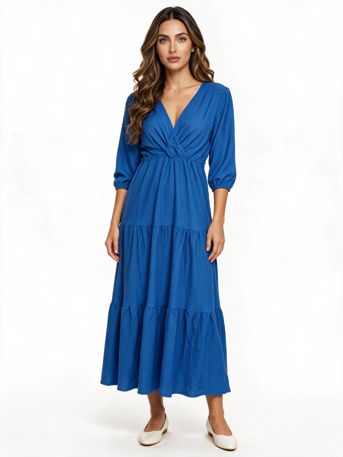 Cobalt blue tiered wrap maxi dress with balloon sleeves
