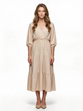 Beige tiered wrap midi dress with balloon sleeves