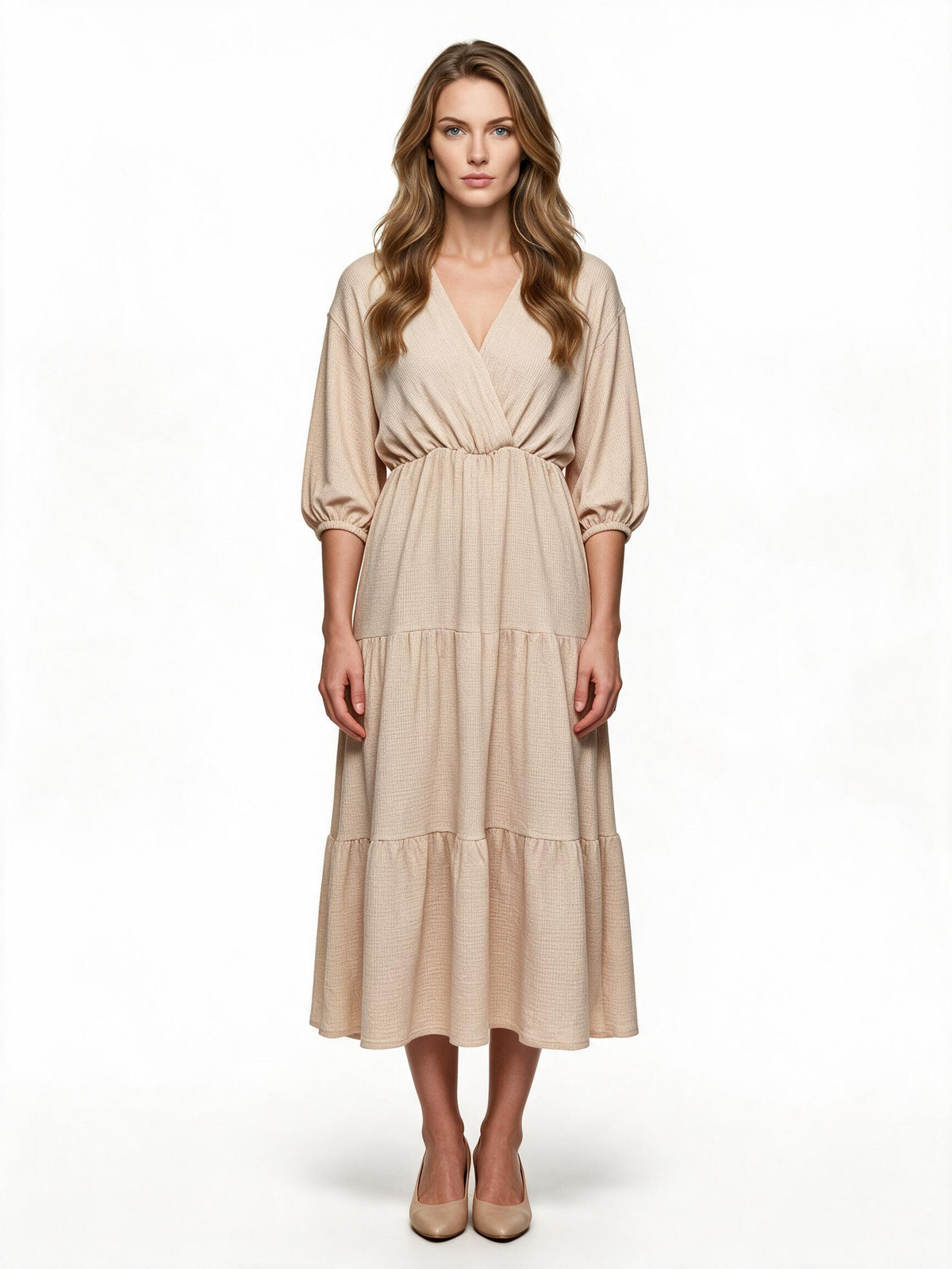 Beige tiered wrap midi dress with balloon sleeves