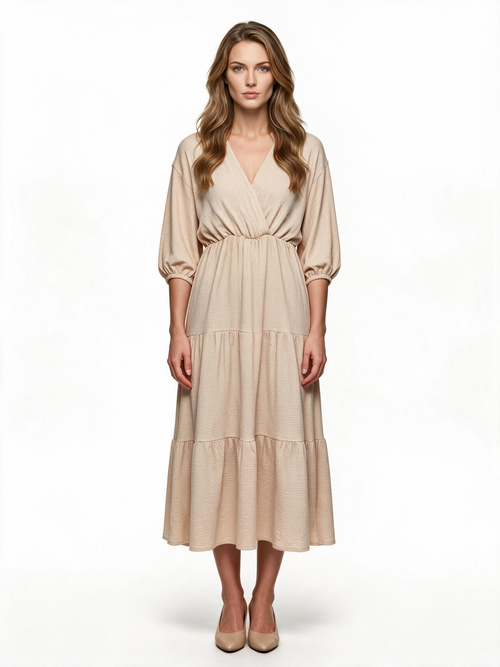 Beige tiered wrap midi dress with balloon sleeves
