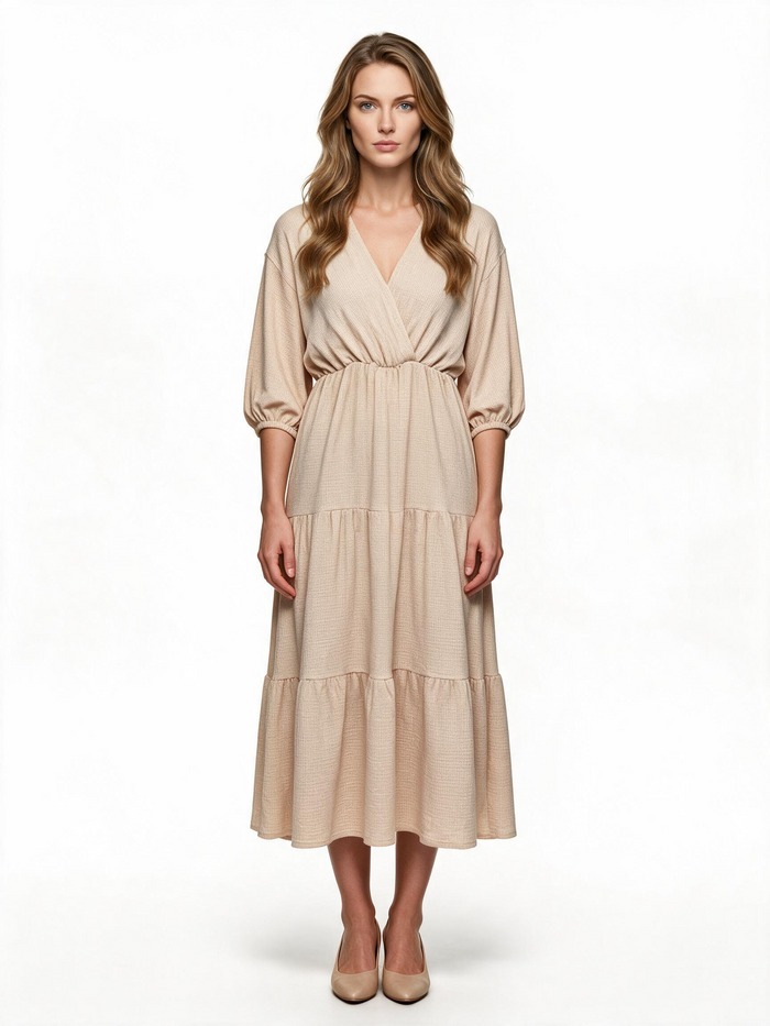 Beige tiered wrap midi dress with balloon sleeves
