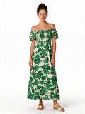 Green floral off-shoulder shirred maxi dress