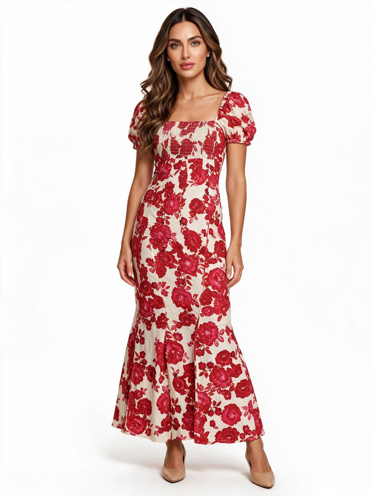 Red rose print shirred fishtail maxi dress