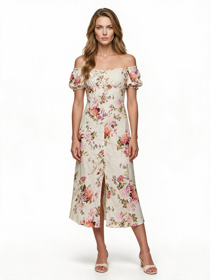 Cream floral off-shoulder button-front midi dress