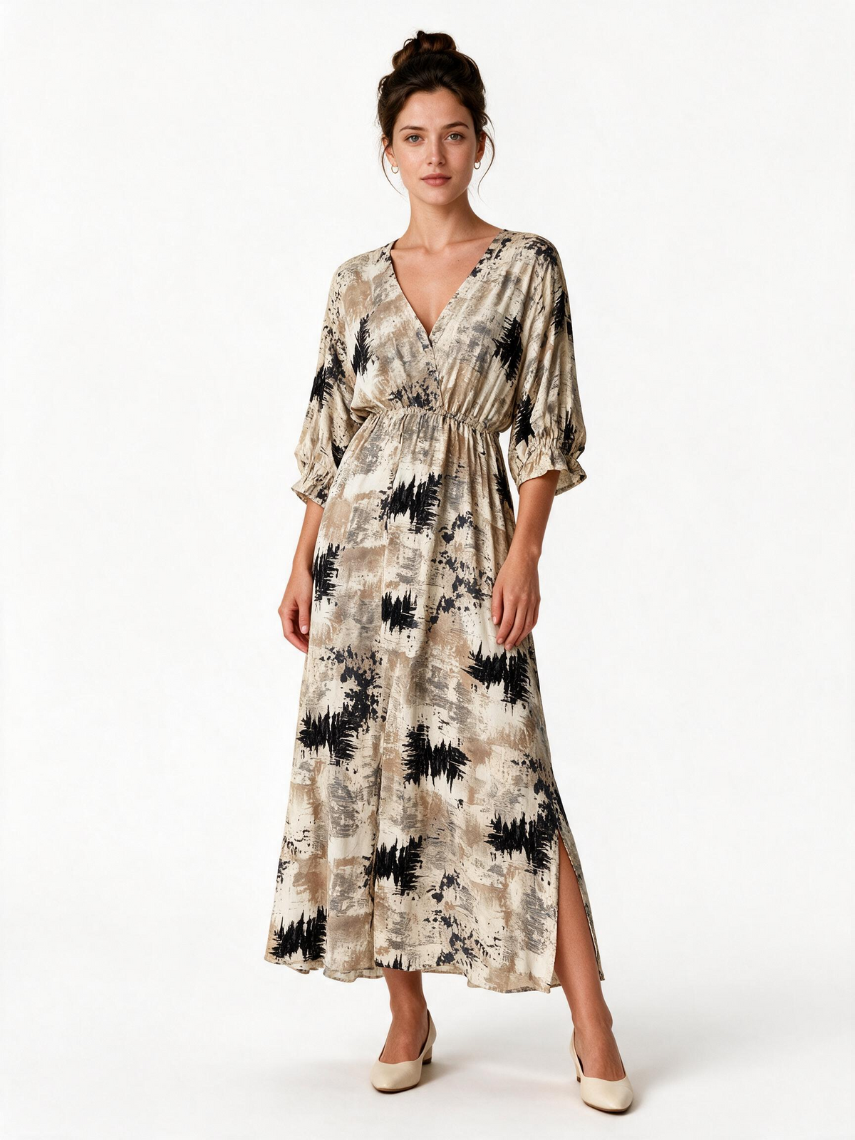 Beige and navy abstract print wrap maxi dress