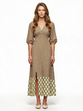 Orange and green geometric print maxi dress