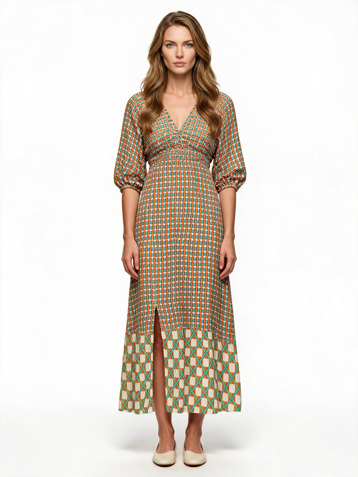 Orange and green geometric print maxi dress