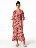 Red floral kimono sleeve wrap maxi dress