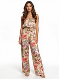 Cream floral strapless wide-leg jumpsuit with belt