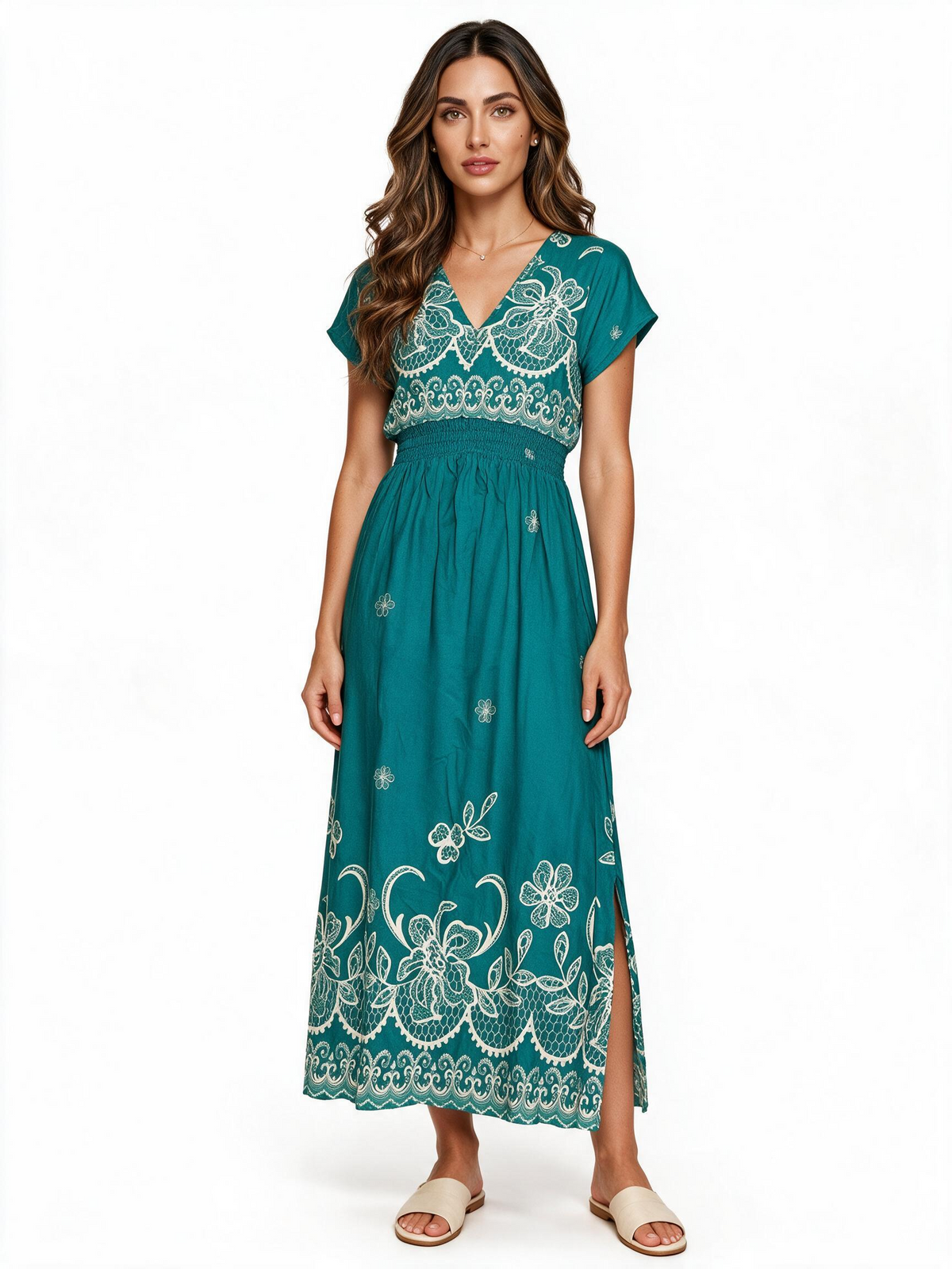 Teal embroidered cotton maxi dress