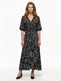 Navy and cream leaf print wrap maxi dress