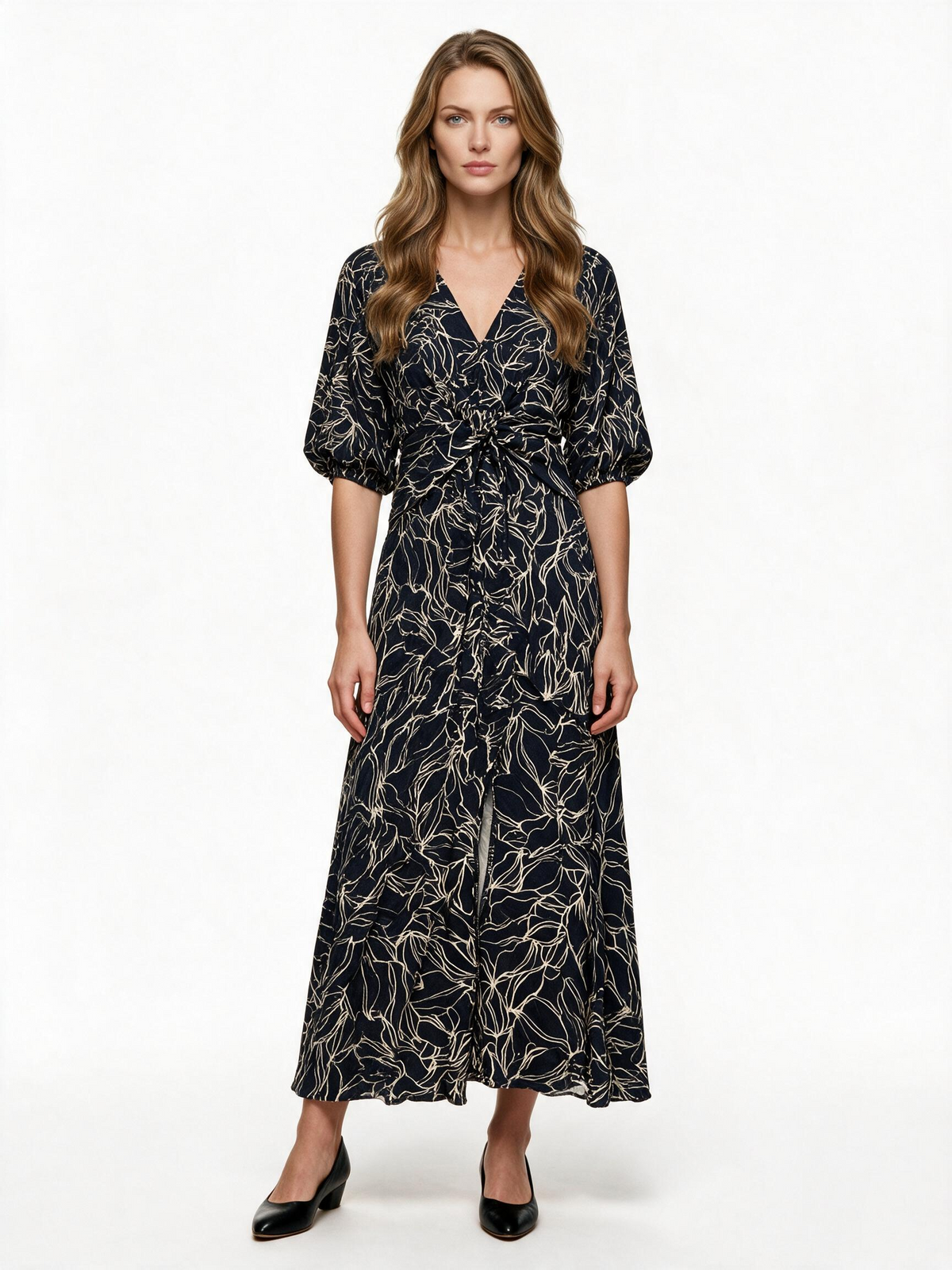 Navy and cream leaf print wrap maxi dress
