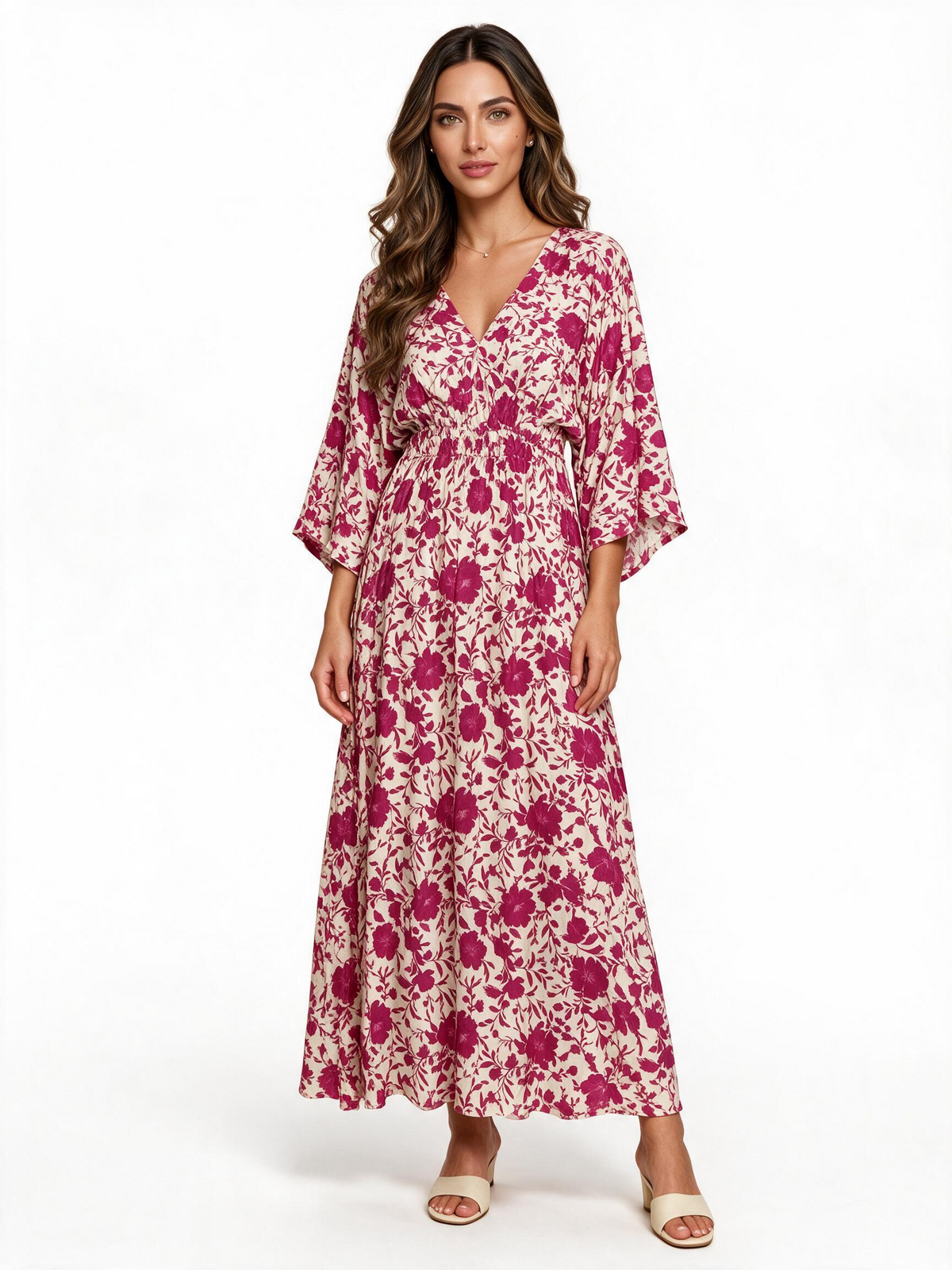 Magenta floral kimono sleeve maxi dress