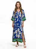 Blue and cream batik print maxi kaftan dress