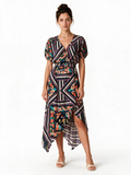Navy stripe and floral asymmetric hem midi dress