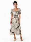 Cream floral patchwork tiered ruffle midi dress