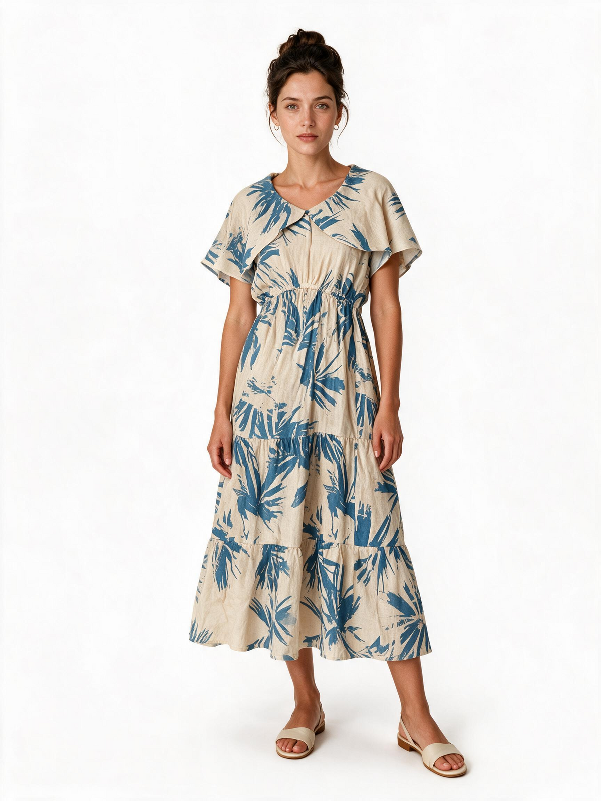 Cream and blue palm print tiered maxi dress