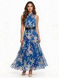 Blue floral halter neck chiffon maxi dress with belt