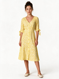 Yellow floral button through midi dress with tie sleeves