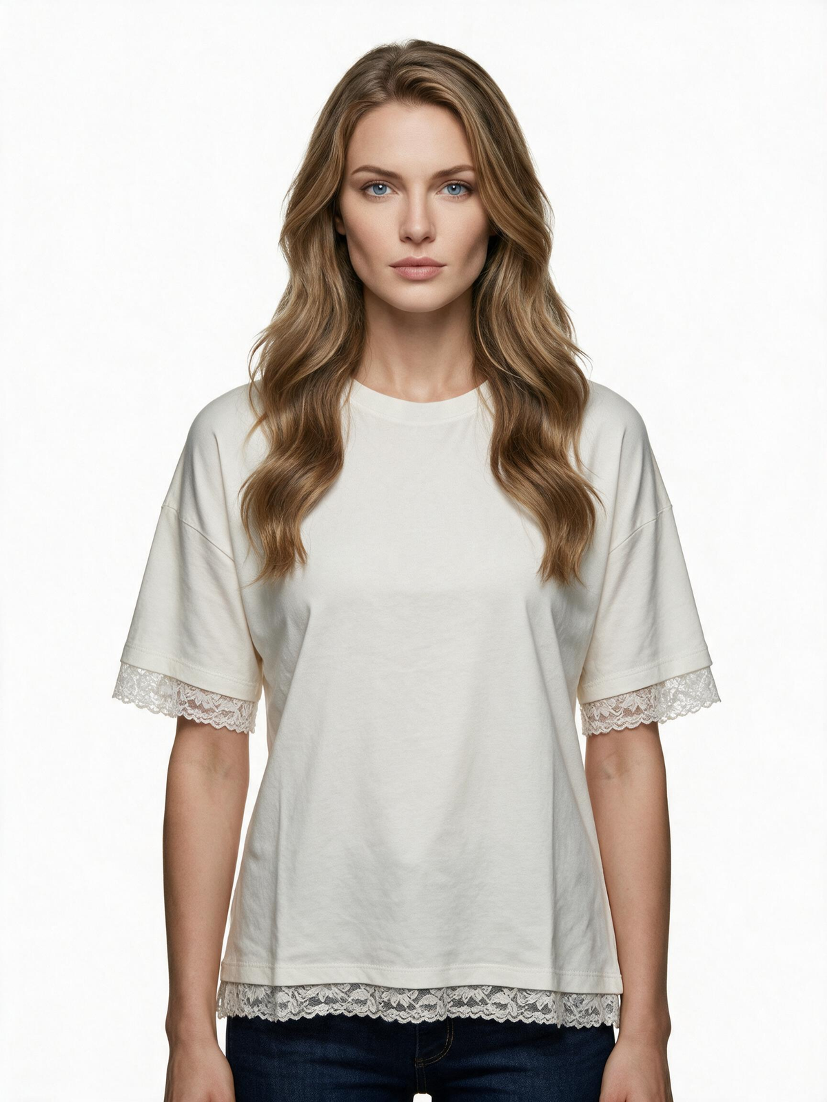 Cream t-shirt with lace trim sleeves and hem