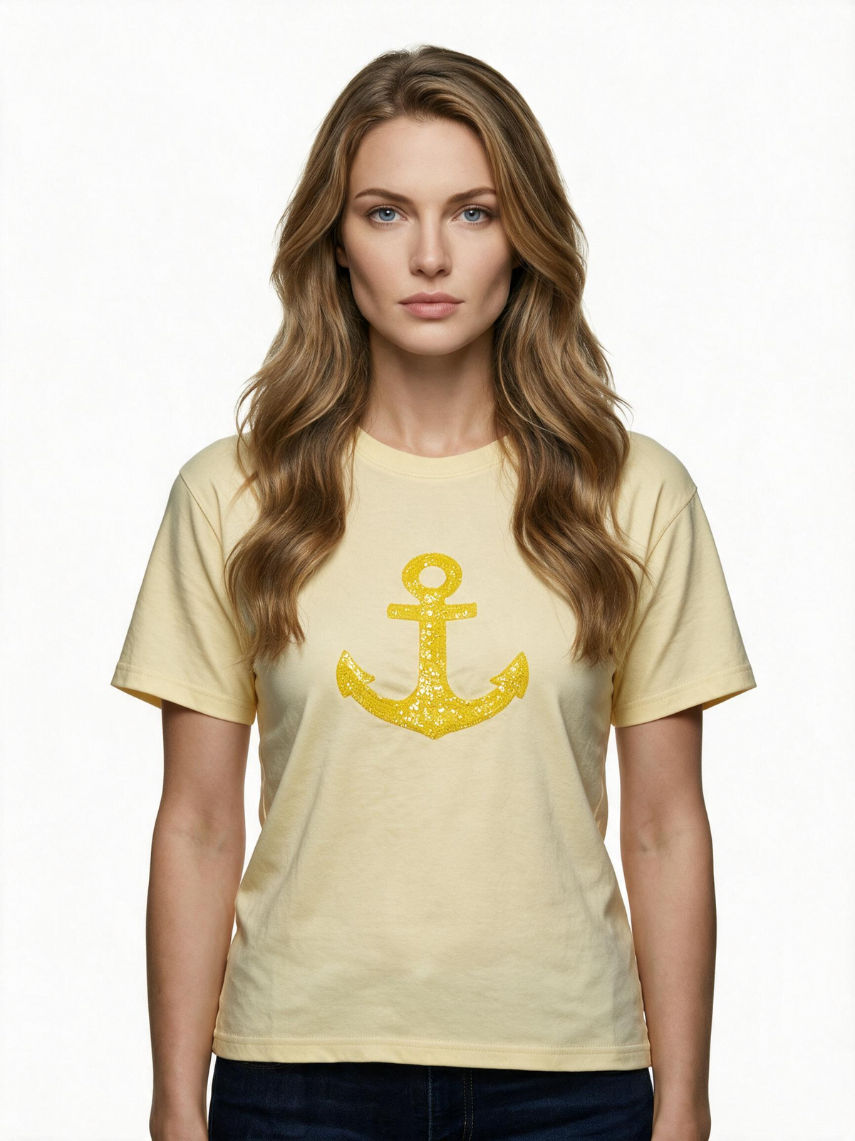 Pale yellow t-shirt with gold glitter anchor print