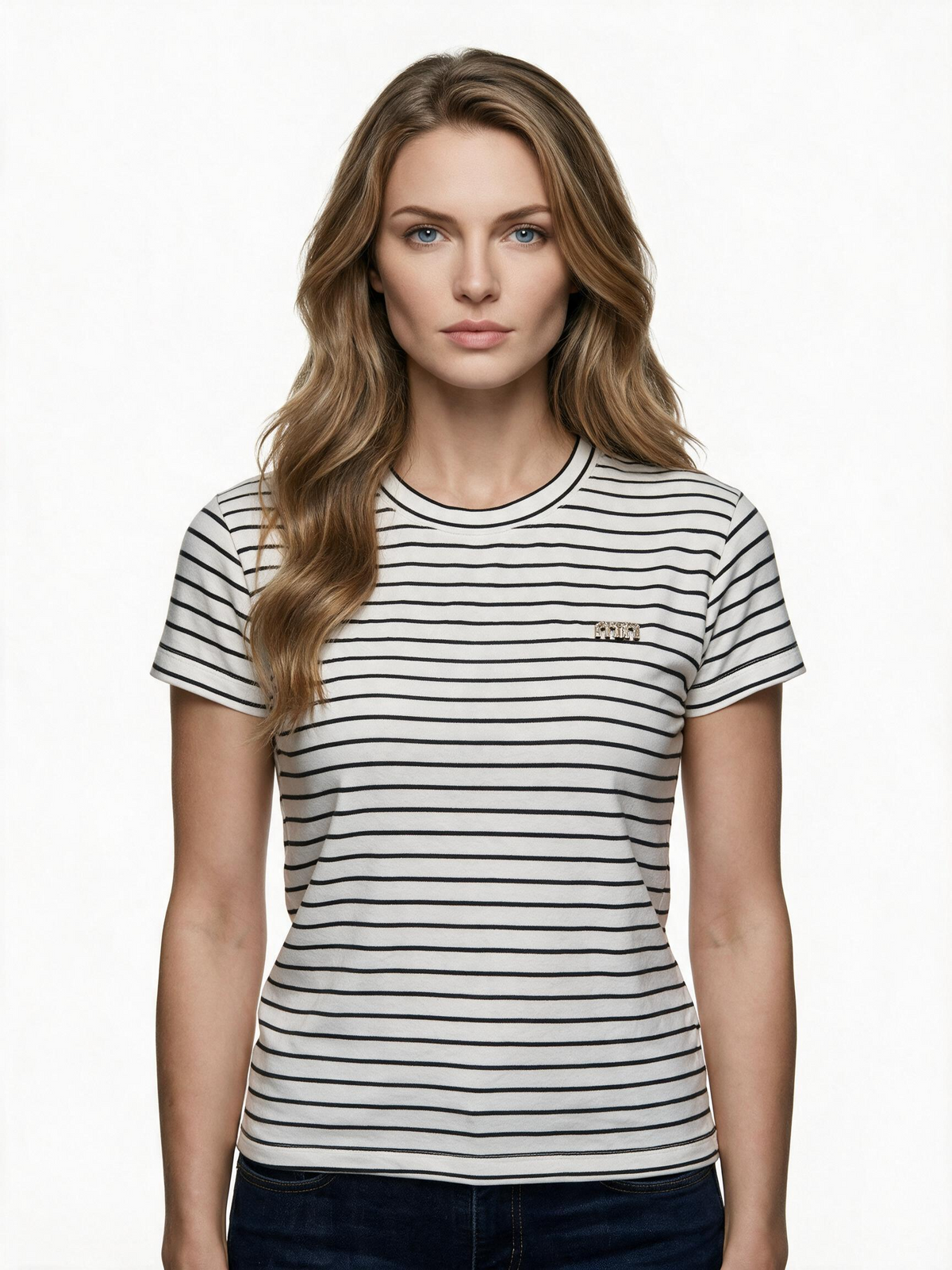Navy and white striped crew neck t-shirt