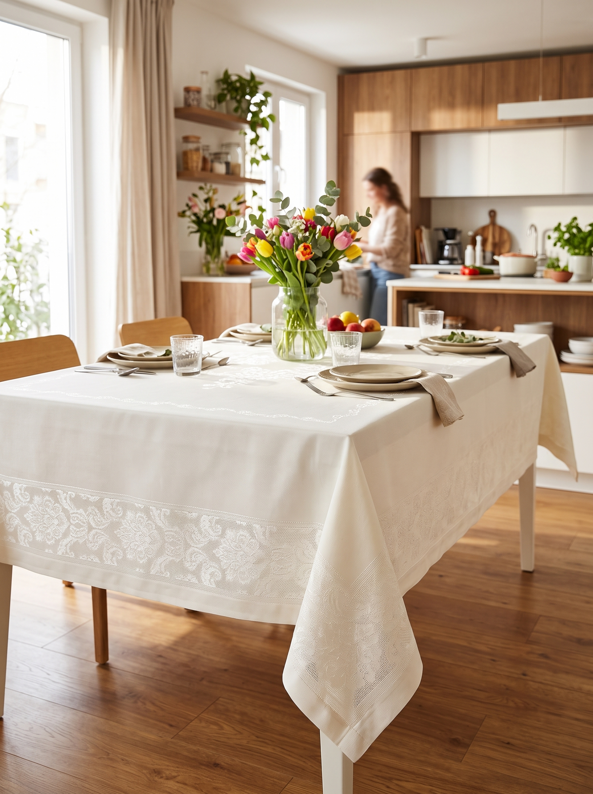 White waterproof rectangular tablecloth with lace border 160x220cm